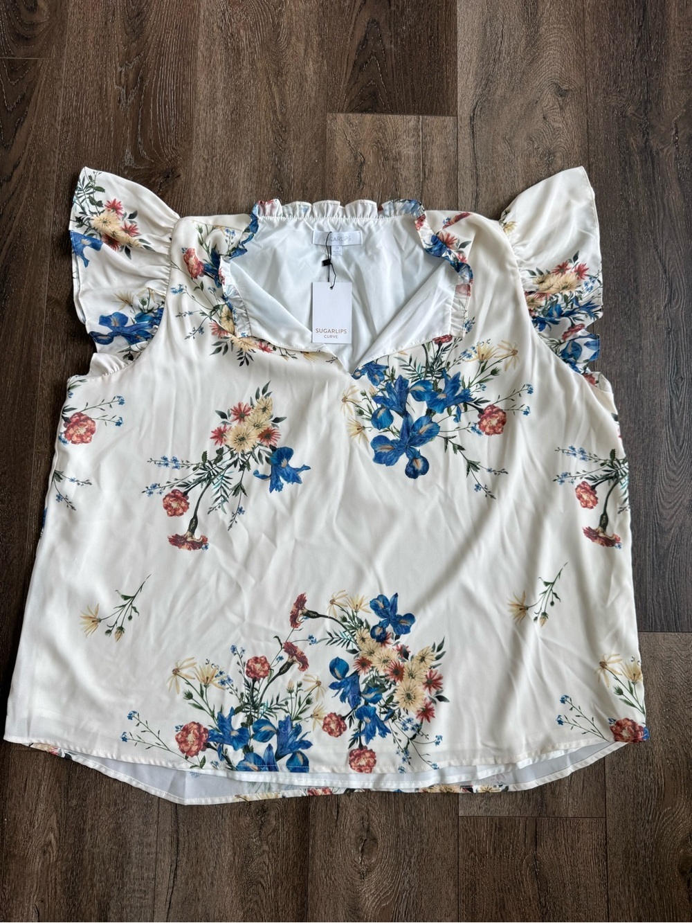 Sugarlips Cream Floral Ruffle Sleeve Blouse with Blue Accents Size 3X